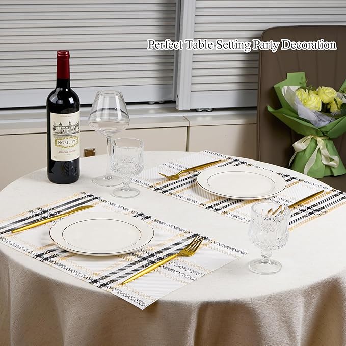 Placemats, Place Mats Set of 6 Washable Wipeable Vinyl Placemats for Kitchen Dining Table Wedding Accent Indoor/Outdoor Durable PVC Table Mats Non Slip (White)