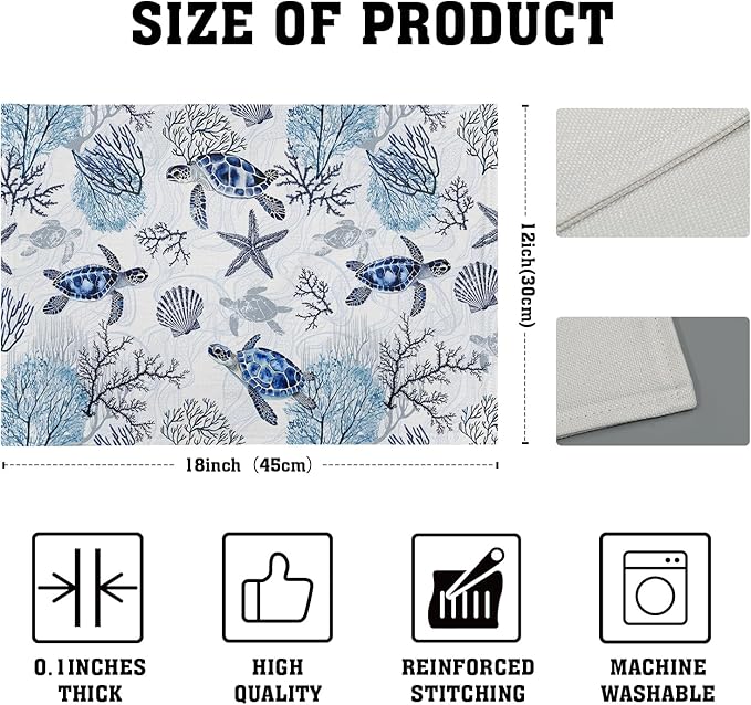 Giwawa Blue Sea Turtles Placemats Set of 4 Coastal Ocean Tortoise Coral Starfish Linen Place Mat 12"x18" Nautical Beach Themed Stain Resistant Table Mats for Kitchen Dining Season Party Decor