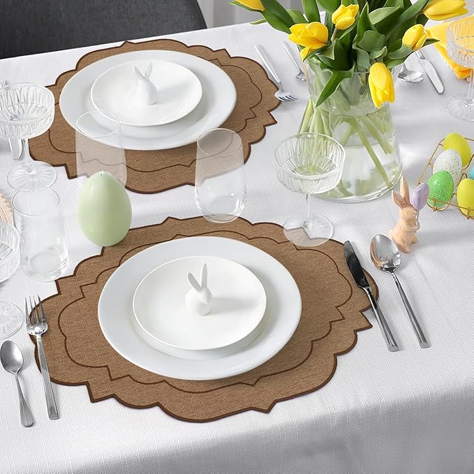 Cotton Linen Oval Placemats Set of 4, HADEEONG Table Mats Cloth Placemats, Washable Wrinkle Resistance, Scalloped & Embroidered Fabric Placemats, 17.71 x 13.77inch (Coffee, 4)