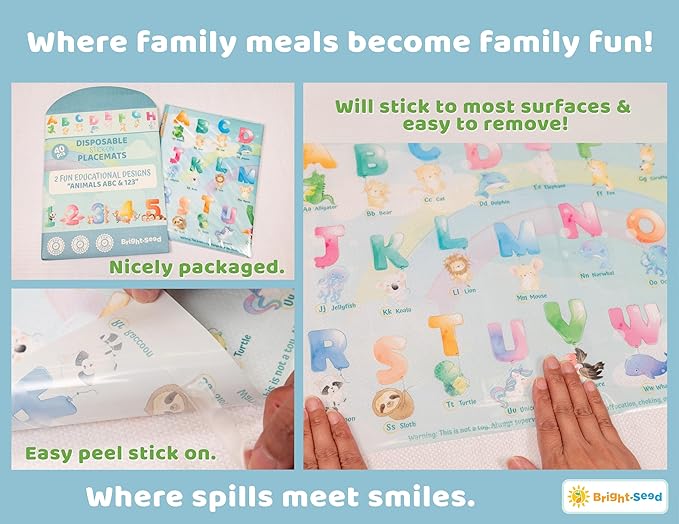 Bright Seed Disposable Placemats for Baby, Toddlers and Kids, 40 Disposable Baby Placemats for Restaurant, Dining Table & Travel, Learning Placemats for Kids, Toddler Travel, Animals ABC & Numbers