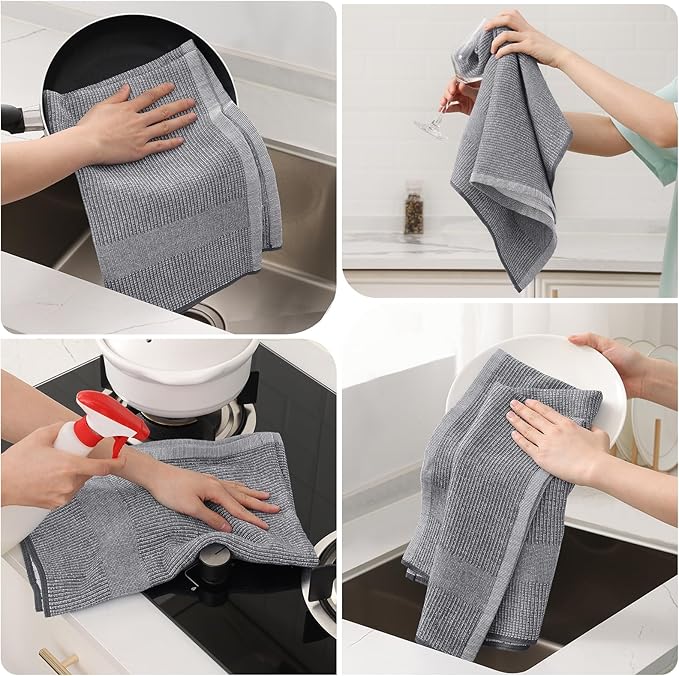 Mordimy Premium Kitchen Towels 6 Pack (18 x 28 Inches, Navy Blue/Grey/Black), Large Cotton Flat & Terry Kitchen Hand Towel, Super Absorbent Tea Dishtowels Set with Hanging Loop