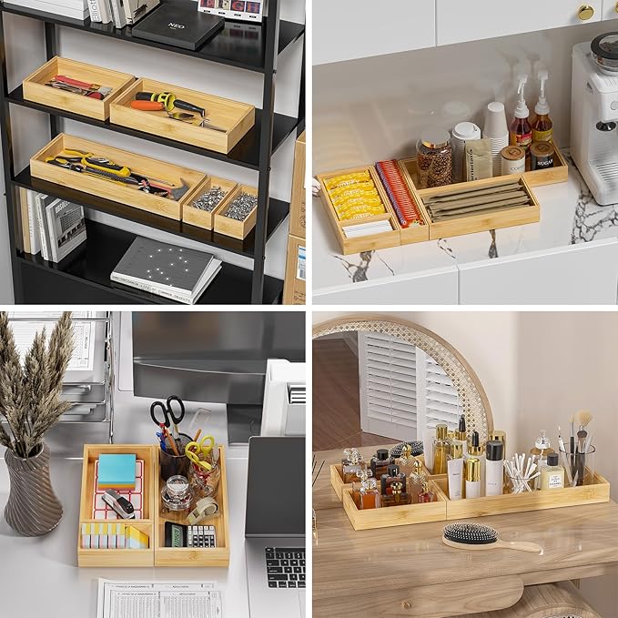 Lixple Bamboo Kitchen Drawer Organizer, Stackable Utensil Holder Silverware Organizer Cutlery Tray - 2PCS Organizer Bins for Makeup Jewelries Flatware in Bathroom, Office Desk, Cabinets, 15x6x2 inch