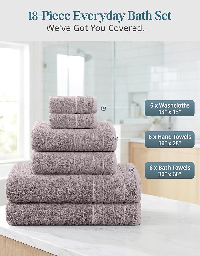 Casa Platino 100% Ringspun Cotton Bath Towel Set - 18 Pcs - Very Soft, Quick Drying & Highly Absorbent - 6 Bath, 6 Wash Cloth, 6 Hand Towels - Ideal for Guests & Perfect for Your Bathroom - Platinum