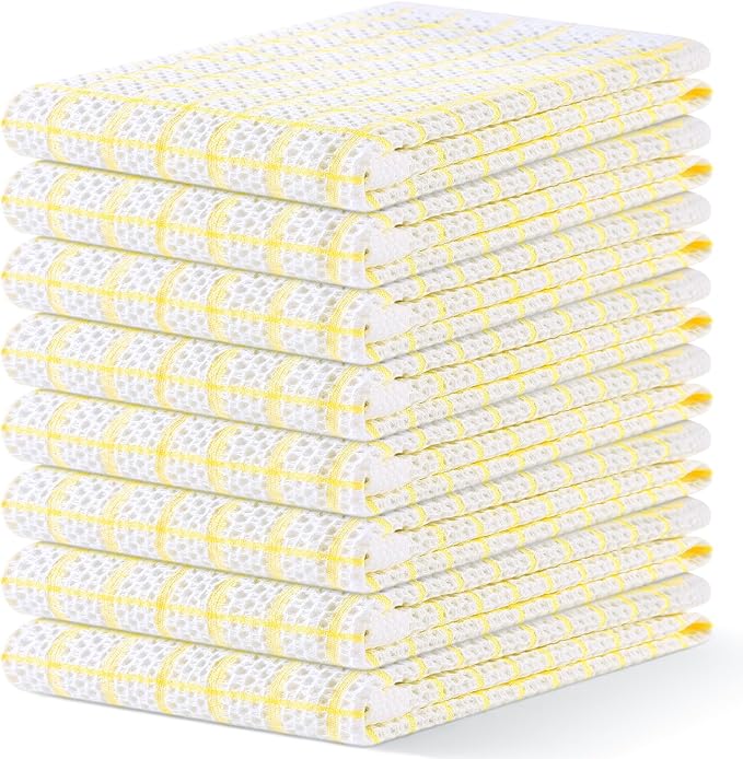 Homaxy 100% Cotton Kitchen Towels 8 Pack-15 X 25 Inches, Check Design Waffle Weave Hand Tea Towels, Super Soft and Absorbent Dish Towel for Drying Dishes, Yellow