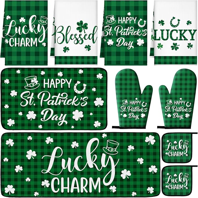 VitalCozy 10 Pcs St. Patrick's Day Kitchen Decor Set Shamrock Kitchen Towel and Rugs Oven Mitts Pot Holders for Home Cooking Baking Decorations