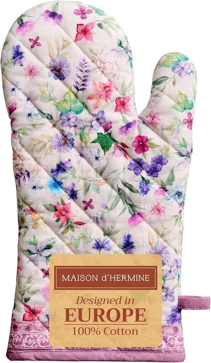 Maison d'Hermine Oven Gloves 100% Cotton Oven Mitt 7" x 13" with Loop Heat Resistant BBQ Cooking Gloves Baking Grilling Gifts for Mothers Day Spring/Summer (Pack of 1, Chardon)