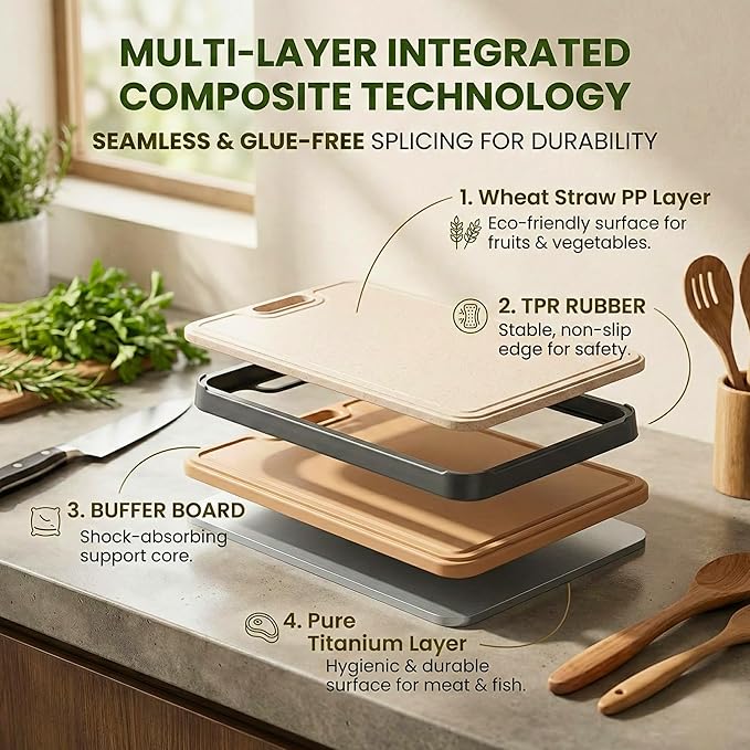 2-IN-1 Double-Sided Titanium Cutting Board –100% Titanium Side, Durable Wheat Straw Back,Easy to Clean,Non Toxic Maintains Freshness & Pure Surface 15.8 x 10.35 in, Premium Kitchen & Home Prep Board