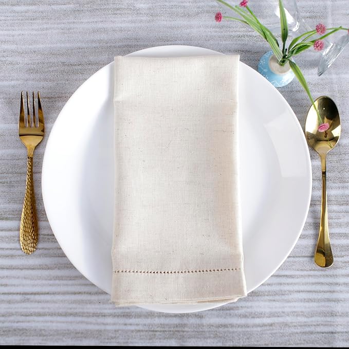 FINGERCRAFT Cloth Napkins, Hemstitch Napkins Cloth, Everyday Use, Premium Quality Cotton Linen Blend Perfect for Parties Dinners Weddings Cocktail Christmas Easter Set of 12, 20 inch Ivory