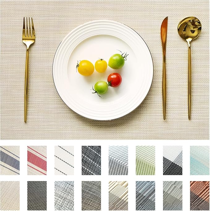 Placemats Set of 8 Vinyl/Plastic Woven Place Mats for Kitchen Table Indoor/Outdoor Washable Placemat Wipeable Dining Table Mats (Beige,8)