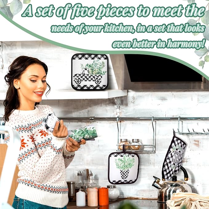 5 Pcs Buffalo Plaid Oven Mitts Pot Holders Dish Towels Set Including 2 Pcs Farmhouse Kitchen Towels 2 Pcs Potholders 1 Pcs Microwave Gloves for Kitchen Cooking (Eucalyptus)