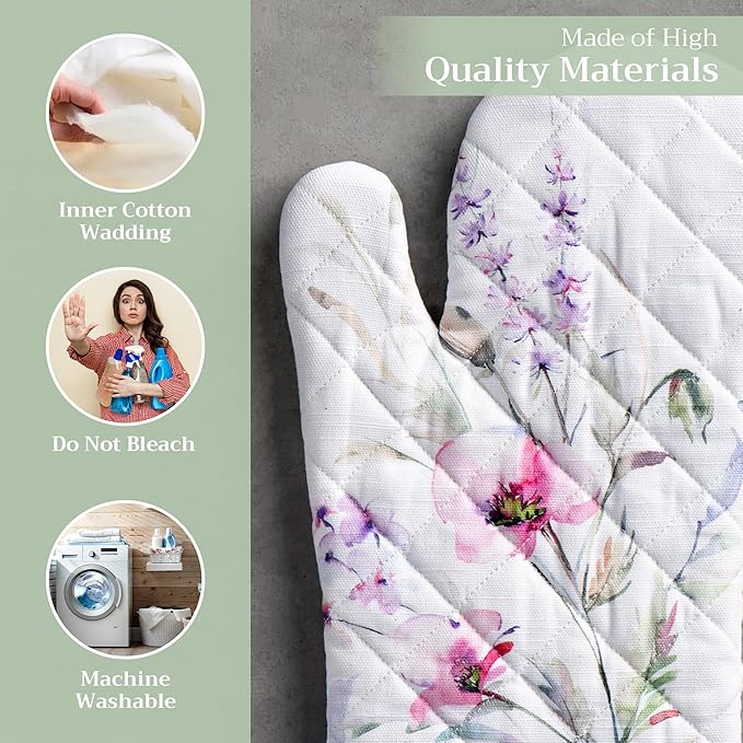 Maison d'Hermine Oven Gloves 100% Cotton Oven Mitt 7" x 13" with Loop Heat Resistant BBQ Cooking Gloves Baking Grilling Gifts for Mothers Day Spring/Summer (Pack of 1, Summer Floral)