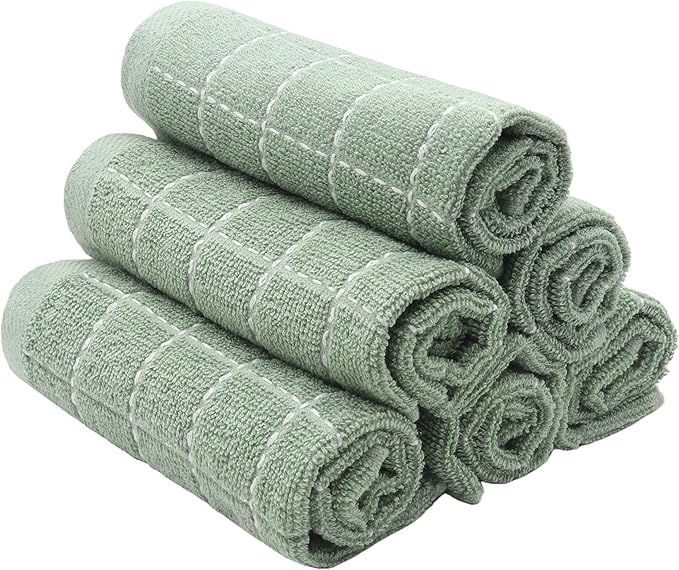 Natural Cotton Dish Cloths Waffle Weave Kitchen Towels,Ultra Absorbent Quick Drying Dish Towels, Soft Comfort Cleaning Cloth Washcloths, Set of 6 (Light Green, 12 x 12 Inches)
