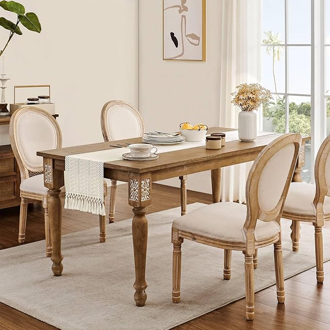 ZeeMart Macrame Style Boho Table Runner, Ivory Table Runners 60 Inches Long, Farmhouse Woven Home Decor, 12x60 Inch, Ivory