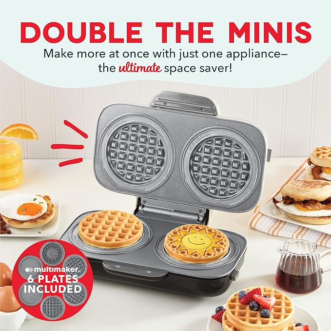 Dash MultiMaker® Double Mini Maker System - Dual Ceramic Nonstick Cooking Surfaces - Built-In Cord Wrap - Makes 4-Inch Waffles - Cream, 6 Plates