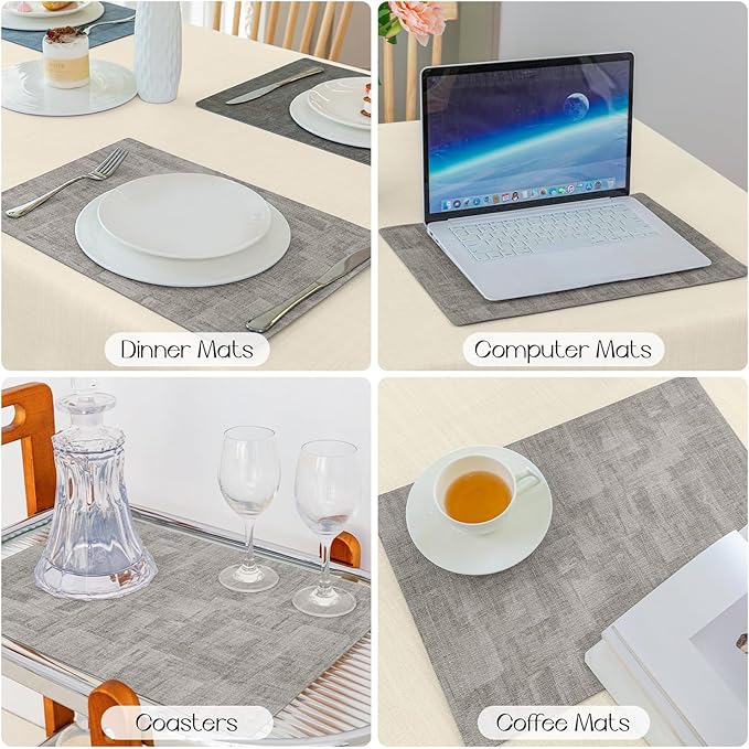 Romanstile Vinyl Placemats Set of 8-17" x 12", Reversible Waterproof Washable Non Slip Table Mats, Faux Leather Heat Resistant Wipeable Table Placemats for Dining/Party/Indoor/Outdoor, Grey-Light Grey