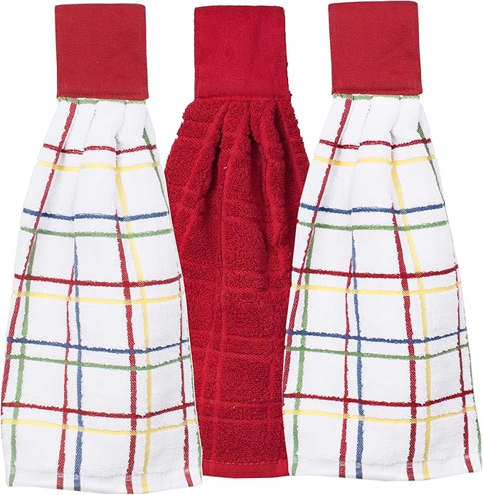 Ritz Premium 100% Cotton Solid & Multi Check Kitchen Tie Towel Absorbent, Super Soft, Fast Drying Hang Towel, 3-Pack, Paprika Red