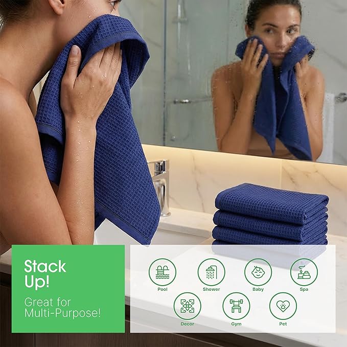 5 Pack Hand Towels, Bath Towels, Kitchen Towels and Dishcloths Sets, 30 x 14 Inches, Absorbent Dish Towels for Kitchen, Microfiber Cleaning Cloth, Waffle Kitchen Towels (Navy Blue)