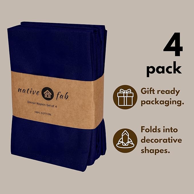 Native Fab Cloth Napkins Set of 4, 100% Cotton, 17" x 17", Washable & Reusable Fabric Linen, Table Decor for Dinner, Events, Parties, Weddings - Navy Blue