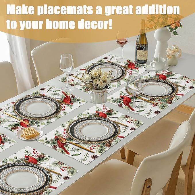 Red Cardinal Placemats Set of 6, Christmas Berry Bird Linen Place Mat Washable Stain Resistant Table Mats for Farmhouse Kitchen Dining Party Wedding Decor 12x18 Inch