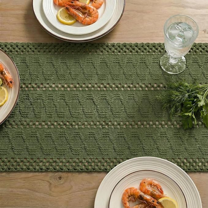Artoid Mode Army Green Farmhouse Woven Rustic Hollow Table Runner, Seasonal Holiday Hollow Kitchen Dining Table Decoration for Home Party Decor 12x72 Inch