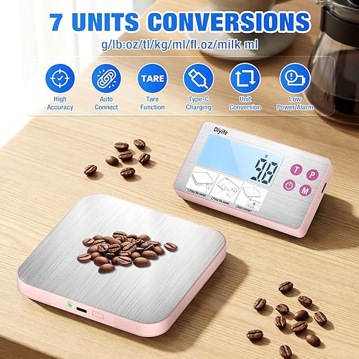 33lb Rechargeable Kitchen Scale, Diyife 304 Stainless Steel Food Scale with Detachable Display, 1g/0.1oz Precise Graduation, Magnetic, Backlit LCD, Tilt Stand, for Baking, Cooking, Meal Prep (Pink)