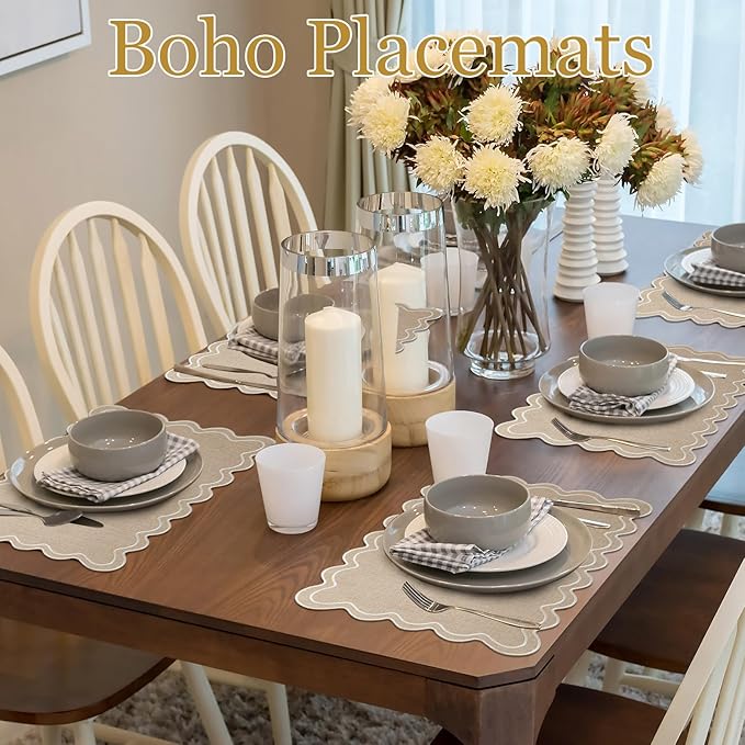 HunnmingRe Set of 6 Cotton Linen Placemats, 13x19 Inch Scalloped Wavy Embroidery Placemat Double Layered Washable Rustic Rectangle Dinner Table Mats for Wedding Home Decor(Linen with Beige)