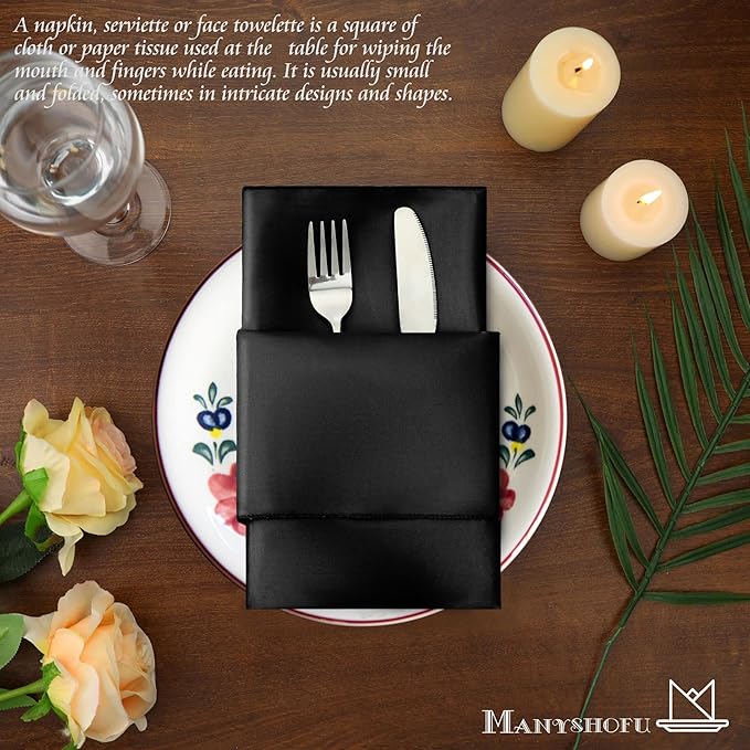 Manyshofu 60 Black Satin Napkins - 20x20 Inches Square Satin Fabric Napkins Set - Elegant Reusable Table Napkins for Wedding Dinner Party Lunch Banquet Restaurant Decoration