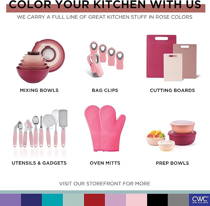 COOK WITH COLOR Mixing Bowls with Lids - 12 Piece Plastic Nesting Bowls Set includes 6 Prep Bowls and 6 Lids, Microwave Safe Mixing Bowl Set, Rose TPR Lid