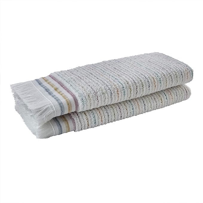 SKL Home Subtle Stripe 100% Turkish Cotton Hand Towel (2-Pack), White/Multi