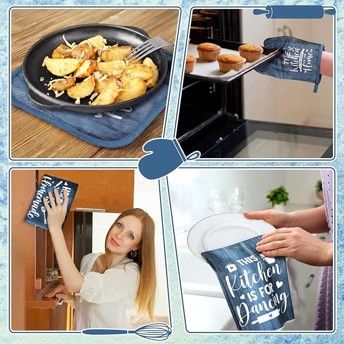 Fourluoo 8 Pcs Blue Kitchen Towels and Dishcloths Sets Oven Mitts and Pot Holders Sets Absorbent Kitchen Gloves Potholders Heat Resistant for Chef Baking Cooking