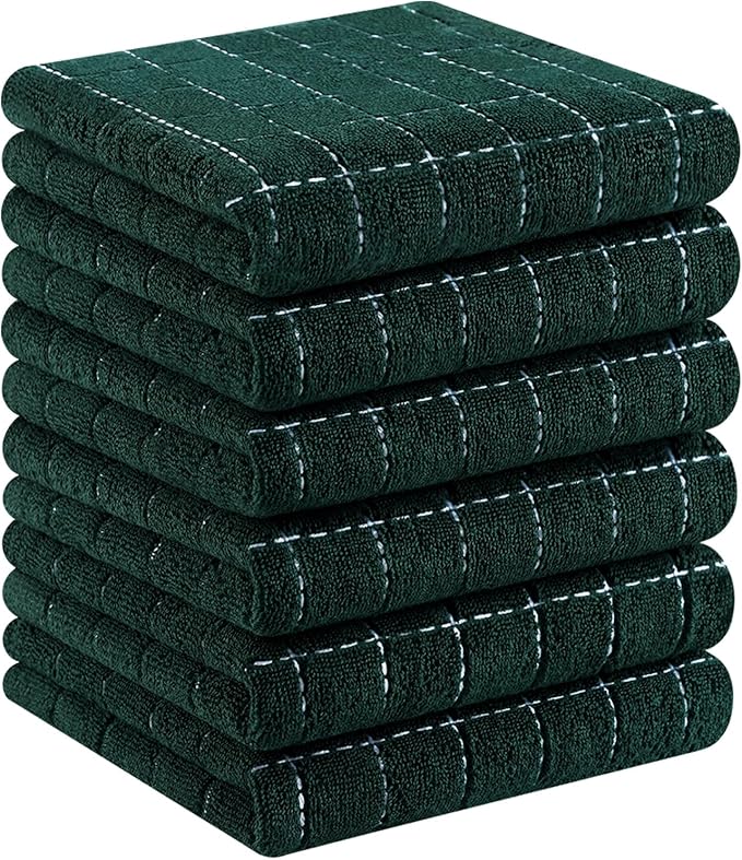 Homaxy 100% Cotton Terry Kitchen Towels(Blackish Green, 13 x 28 inches), Checkered Designed, Soft and Super Absorbent Dish Towels, 6 Pack