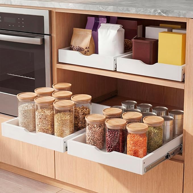 Menkxi 2 Set Wooden Pull out Cabinet Organizer Fully Assembled Slide out Pantry Drawer with Gentle Close Storage Shelf Tray for Base Kitchen Under Sink Bathroom Accessory
