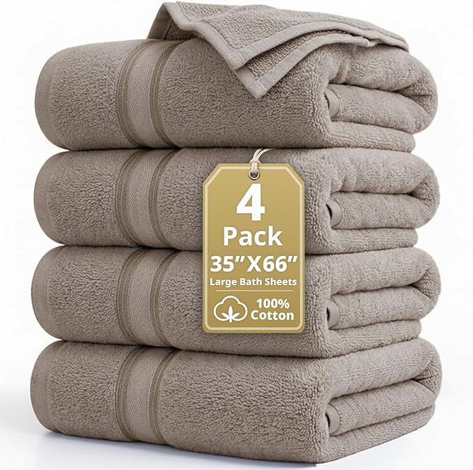 LANE LINEN Extra Large Bath Towels - Zero Twist - Set of 4 Pack (35" x 66" Cotton Towels - Zero Twist Cotton for Long-Lasting fluffiness Always Prepared for Overnight Guests - Platinum