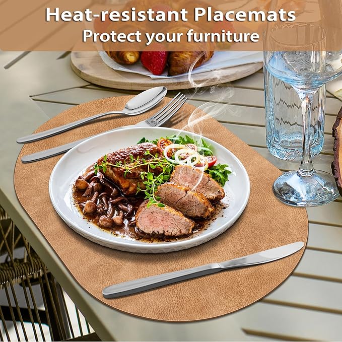 ADRIMER Placemats, Heat Resistant Oval Placemats Set of 4 Washable 12 x 17 Inch, Waterproof Table Mats, Wipeable Pu Place Mats for Kitchen, Dining Room, Light Brown