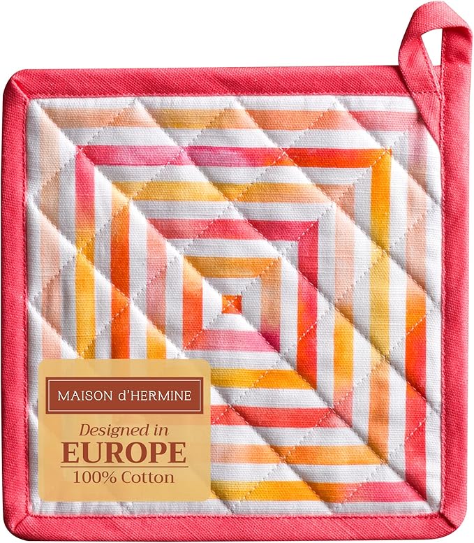 Maison d' Hermine Pot Holders 100% Cotton Heat Resistant Potholders 8" x 8" Hot Pads with Loop BBQ Cooking Baking Gifts for Mothers Day Handling Hot Pans Spring/Summer (Pack of 1, Summer Maze)