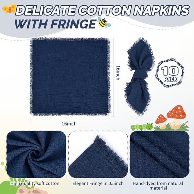 Showgeous 10 Pack Navy Blue Cloth Napkins with Fringe 16x16 inch 100% Cotton Blue Napkins Handmade Dinner Napkins Bulk Washable Soft Rustic Table Napkins for Wedding Parties Bridal Baby Shower