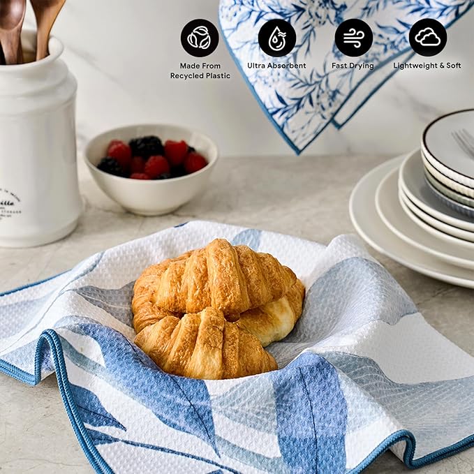RECYCO Waffle Kitchen Towel Set of 2 - Quick Dry Microfiber Sustainable Dish Towels - Ultra Absorbent Reusable Cleaning Tea Towels - Lightweight Hand Towels,16”x 28”, Stormy Blue