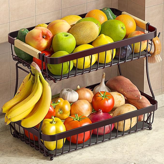 Sevenblue 2 Tier Large Fruit Basket for Kitchen Counter with 2 Mobile Banana Hangers, 2026 Pro Detachable Metal Fruit Bowl with Wooden Handle (Brown, 2 Tier Extra Large)