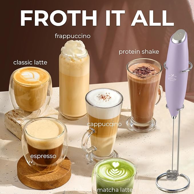 Zulay Kitchen Patented Tornado Triple Whisk Milk Frother with 4 Duracell Batteries – Handheld Foam Maker for Coffee, Lattes, Matcha & Hot Chocolate – Rich, Creamy Froth in Seconds - Lilac