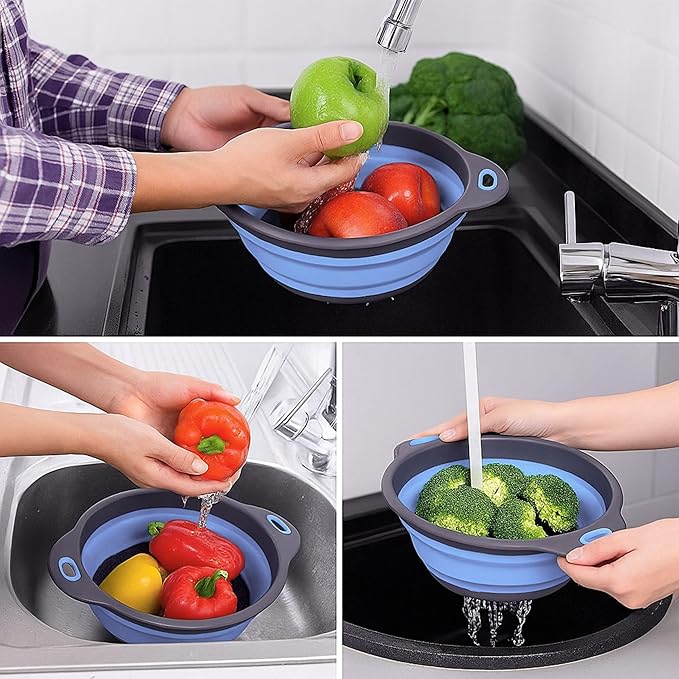 Blue Round Silicone Collapsible Colander – Silicone Round Kitchen Strainers with Plastic Handles Foldable Small Kitchen Strainer Perfect for Draining Pasta Vegetable and Fruit