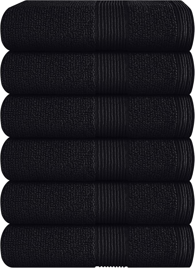 Belizzi Home Ultra Soft 6-Piece Hand Towel Set 16x28-100% Ringspun Cotton - Durable & Highly Absorbent Hand Towels - Ideal for use in Bathroom, Kitchen, Gym, Spa & General Cleaning - Black