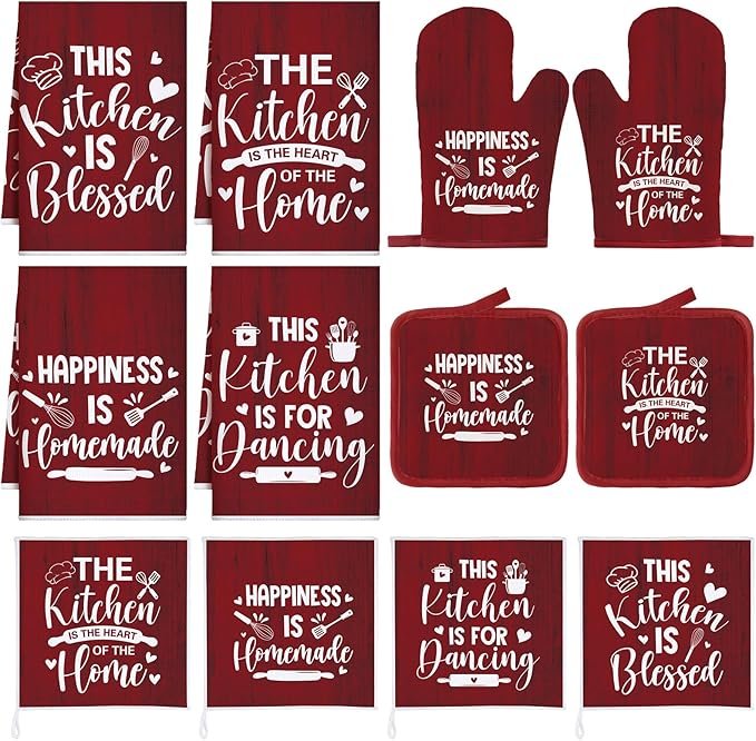 12 Pcs Farmhouse Kitchen Decor Sets 4 Red Kitchen Hand Towels 4 Dish Clothes 2 Rustic Pot Holders 2 Burgundy Oven Mitts Glove Hand Towels and Dishcloths Sets for Home Decorations Accessories Mom Gift