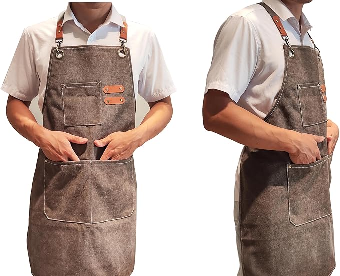 Chef Apron with Large Pockets for Women Men, Cotton Canvas Cross Back Water Repellent Adjustable Work Apron