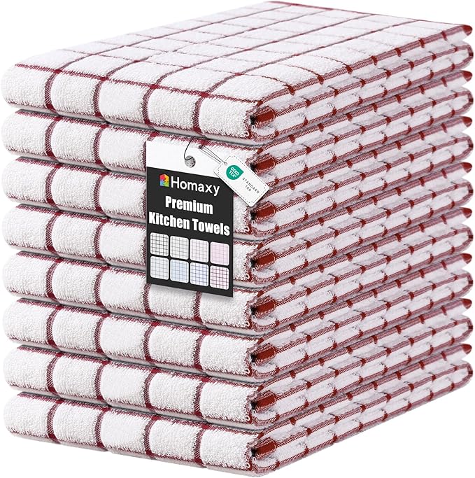 Homaxy Premium Kitchen Towels(16”x 28”, 8 Pack), Large Ring Spun Cotton Dish Towels, Super Absorbent Soft Terry Kitchen Hand Towels, Check Design Tea Towel Set with Hanging Loop, Red