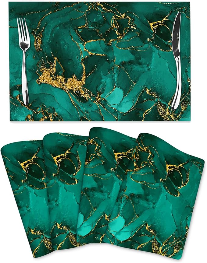 Turquoise Marble Decorative Placemats Set of 4, Emerald Dark Green Table Mats for Kitchen Holiday Party Modern Farmhouse Home Decor 12x18 Inch