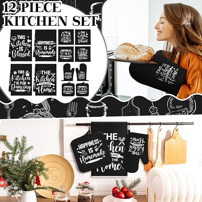 12 Pcs Farmhouse Kitchen Decor and Accessories Sets 4 Black Kitchen Towels 4 Absorbent Dishcloths 2 Pot Holders 2 Oven Mitts Gloves for Home Decorations Mom Gifts