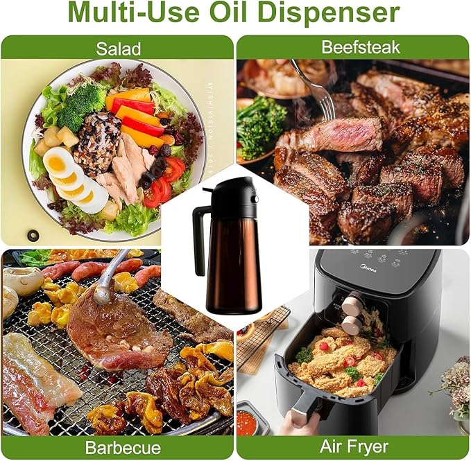 OURCABECUE Kitchen Upgraded Made Oil Sprayer for Cooking, Dark Brown 2 in 1 Spray and Pour Mist Olive Oil Dispenser 16oz 470ml Glass Oil Spray Bottle, Air Fryer (White+Green)