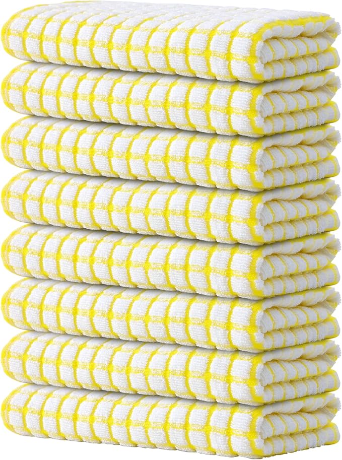 Kitinjoy Cotton 8 Pack Terry Kitchen Towels, 16 x 25 Inches Super Soft and Absorbent Dish Towels, Quick Drying Hand Towels for Kitchen Drying, Yellow