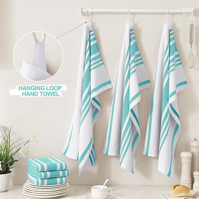 Homaxy Premium Kitchen Towels 18”x 28”, Large Cotton 380 GSM Kitchen Hand Towels, Stripe and Terry Dish Towel, Highly Absorbent Tea Towel Set with Hanging Loop, 6 Pack, Teal
