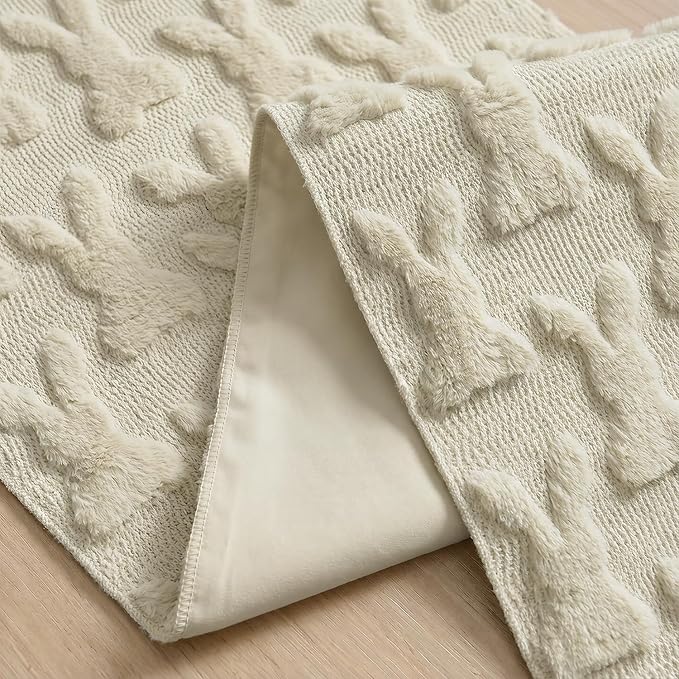 Artoid Mode Beige Soft Plush Faux Fur Jacquard Bunny Rabbit Easter Table Runner, Seasonal Kitchen Dining Table Decoration for Home Party Decor 13x120 Inch